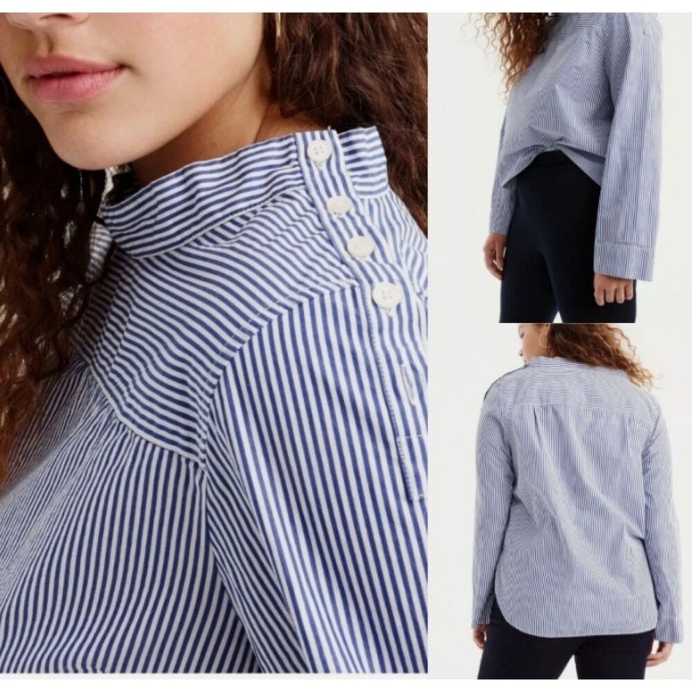 J.Crew Girls Top Size 00 Blue & White Stripe Funnel Neck Cotton Button Shoulder